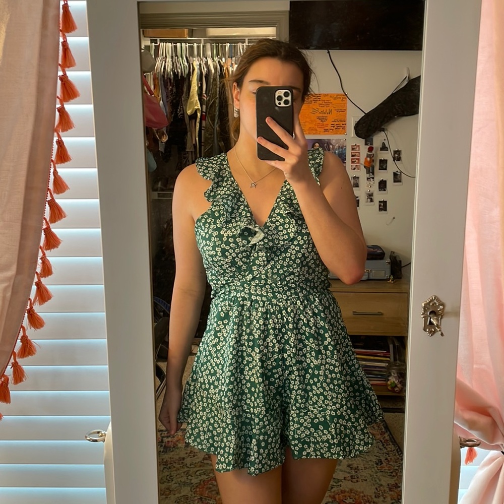 Shein green and white floral romper
